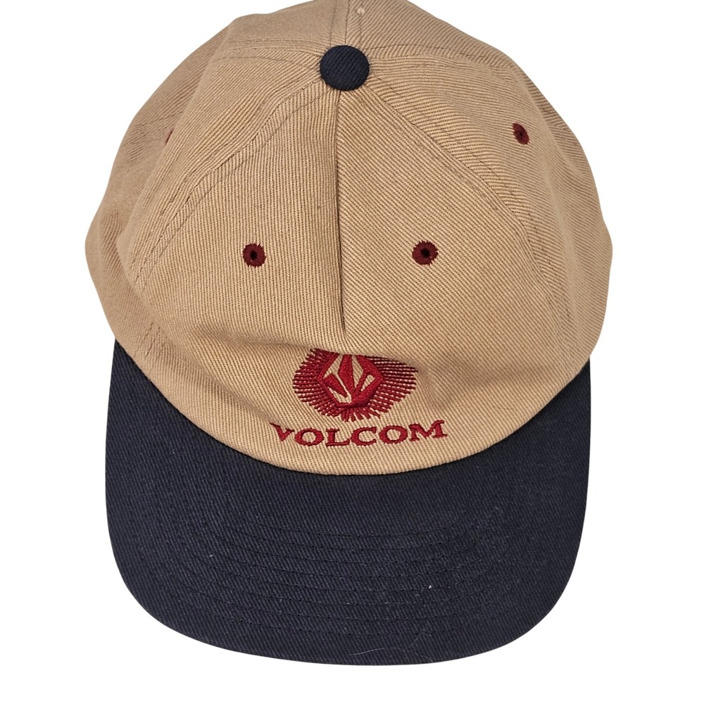 Volcom Flexfit 110 Snapback Hat Tan Navy Blue Red Embroidered Logo Skate Cap